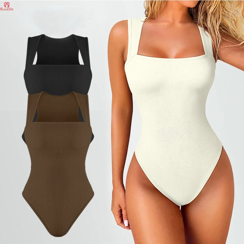 GUUDIA Sexy Summer High Waist for Women Cupless Comfortable Square Collar Shapewear Ultra Elastic Slim Thong Shapewear Jumpsuit